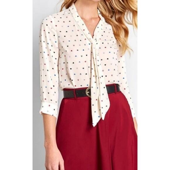 Modcloth Tops - Modcloth Eye Love U Tie Neck Quirky Print 3/4 Sleeve Blouse